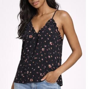 Rebecca Taylor Silk Floral Cami Navy Blue Ruffle Trim V Neck Womens 10